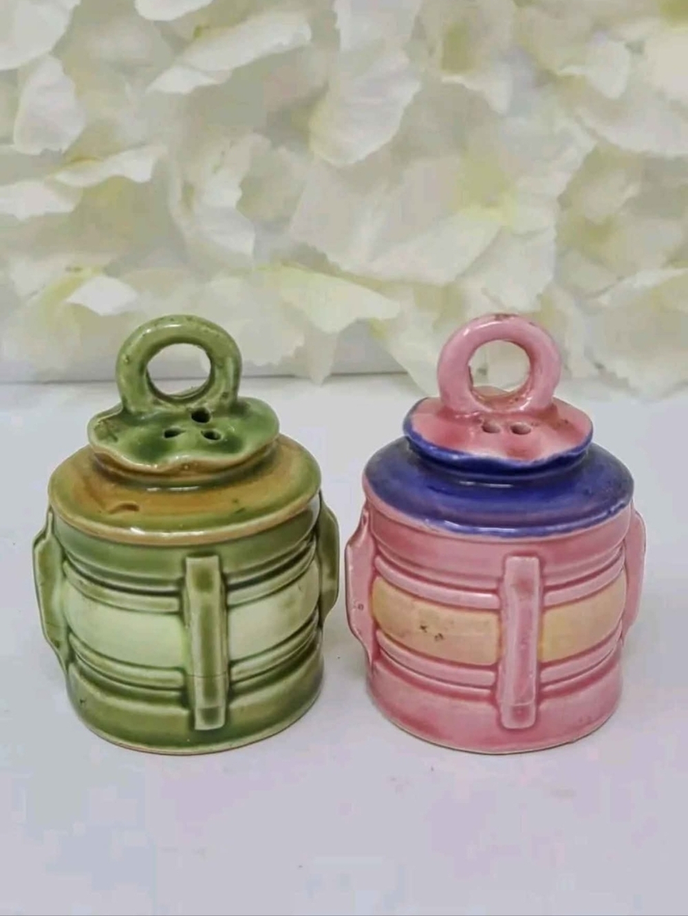 Antique Japan Lantern Shaped Salt and pepper shakers Pink And Green 50s